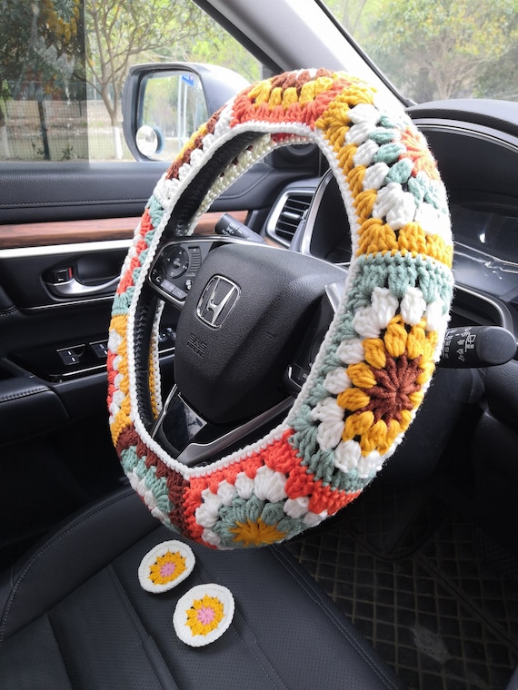 Crochet Granny Square Steering Wheel Cover: Colorful Car Interior Accessory