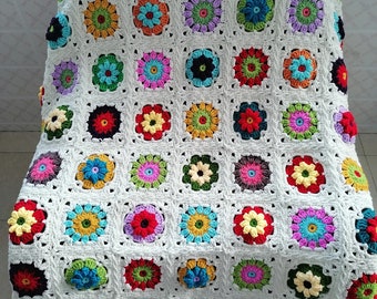 Daisy Crochet Throw Blanket,Bedroom Blanket, Living Room Blanket,Wedding Blanket, Baby Blanket,Granny Square Throw Blanket,Retro Blanket