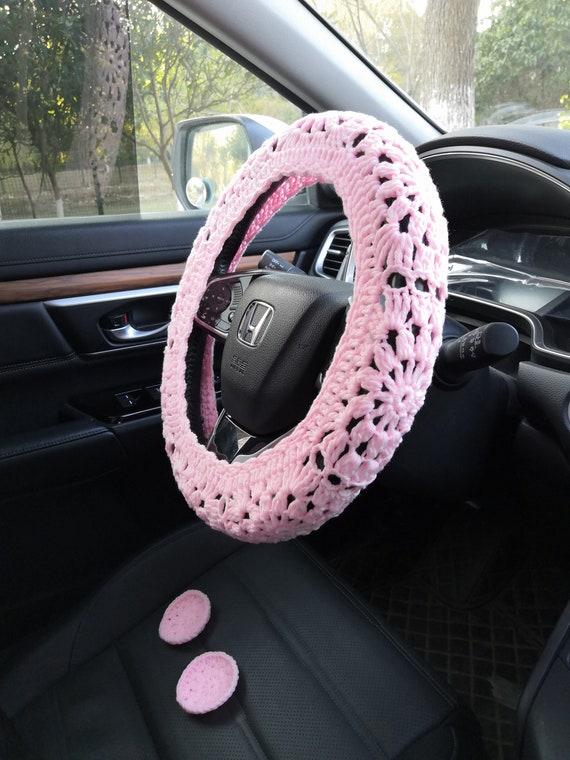Pink Crochet Steering Wheel Cover: Sunflower Car Decor (14-15in)