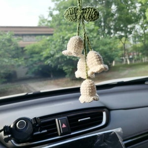 Cute Car Mirror Hanging Campanula, Crochet Knitting Flower Rear View Mirror Charms,Car Pendant,Crochet Car Accessories