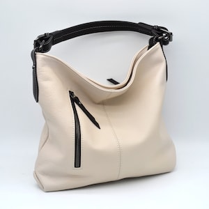 Leather Bag Soft Leather Handbag shoulder Leather Purse Hobo Bag Cream + Dark Brown