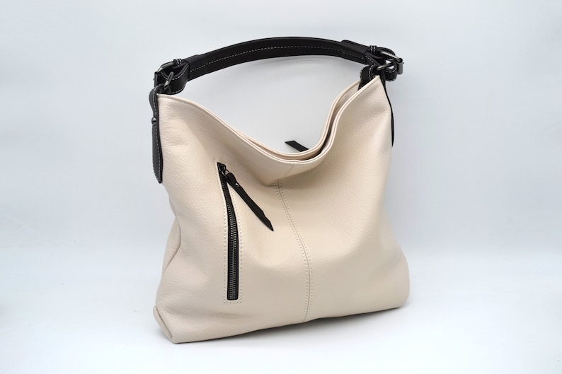 Leather Bag Soft Leather Handbag shoulder Leather Purse Hobo Bag Cream + Dark Brown