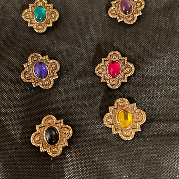 Vintage 1980s Button Covers - set of 6| Gold Toned with Jewel Colored Centers