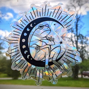 Grumpy frog holographic suncatcher. Holographic window cling. Holographic vinyl. Window film, cast rainbows