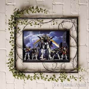 May include: A framed print of a group of robots from a Japanese anime series. The robots are in a battle pose, with the main robot in the center. The print is in a black frame with a white mat. The background is a cloudy sky with a city skyline in the distance.