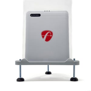 May include: A light gray tablet with a red and white logo, mounted on a gray stand with adjustable feet. The tablet has the words "Fusion Tracking" printed on it.