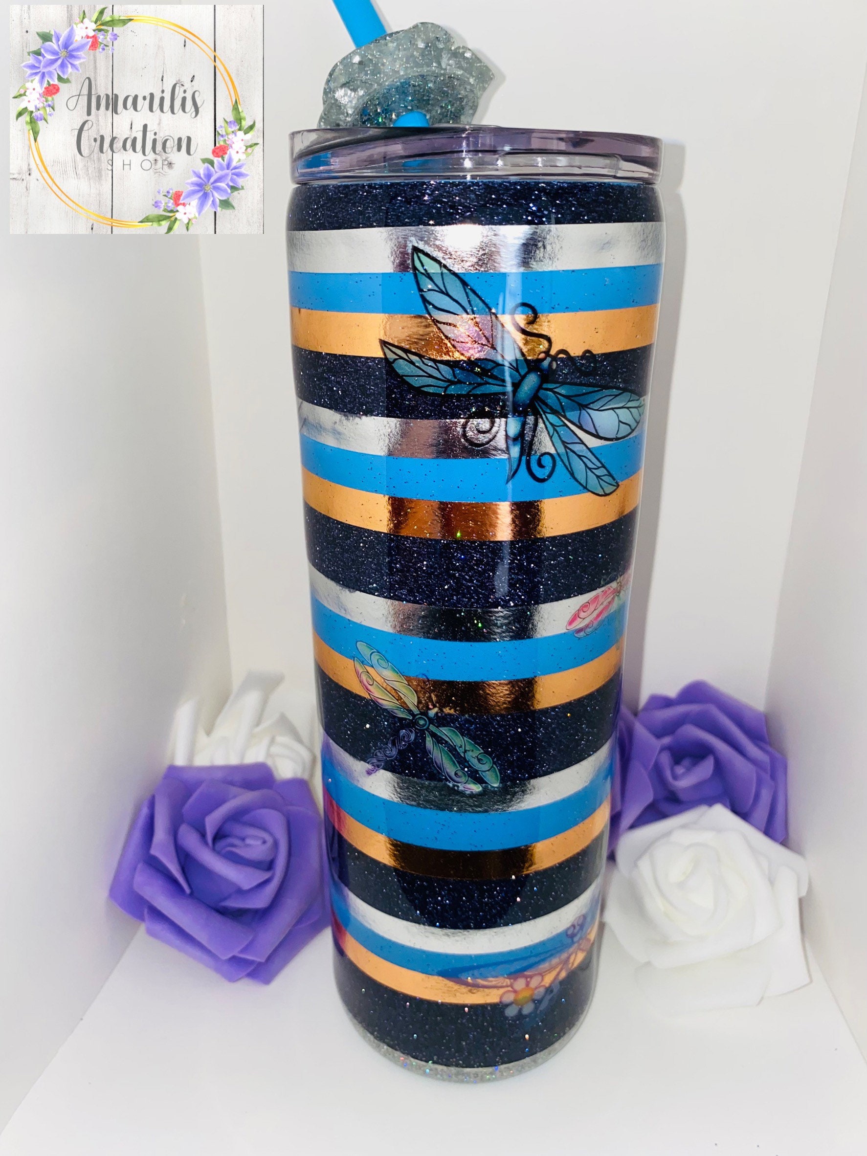 Tumbler with Lid and Straw Butterfly with Gold Glitter Skinny 20 oz