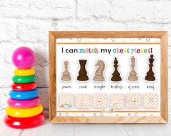 May include: A colorful stacking toy and a framed educational print. The print features chess pieces with the text "I can match my chess pieces!" and chess piece names. The stacking toy has a pink ball on top and various colored rings.