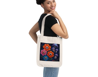 Organic Canvas Tote Bag: Whimsical Floral Mushroom Design