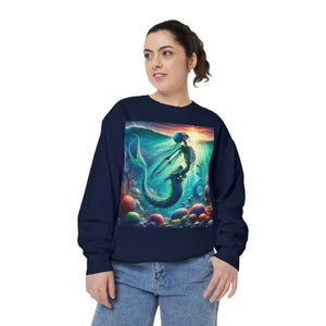 Mystical Merfolk Sweatshirt, Unisex Garment-Dyed Sweater, Ocean Art Apparel, Casual Beachwear, Perfect for Gift Giving