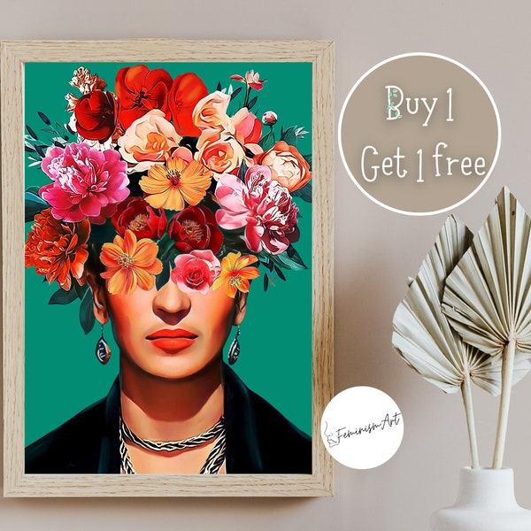 Feministischer Druck | Frida Floral Poster | Feministisches Poster | Hochwertiger Kunstdruck | Moderne Kunst Poster | Feminismus Wohndeko Wandkunst