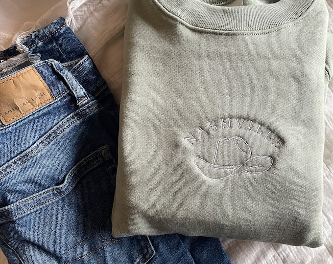 Nashville Embroidered Crewneck Sweatshirt - Stonewashed Green