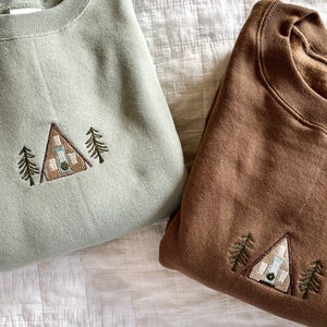 A-Frame Cabin Embroidered Crewneck Sweatshirt, Winter Sweater, Christmas embroidery sweater, Camping Apparel, Cozy Loungewear, Pine Tree