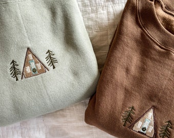 A-Frame Cabin Embroidered Crewneck Sweatshirt, Winter Sweater, Christmas embroidery sweater, Camping Apparel, Cozy Loungewear, Pine Tree