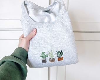 Houseplant Trio Embroidered Crewneck Sweatshirt, Plant Mom, Garden Lover, Cozy Loungewear