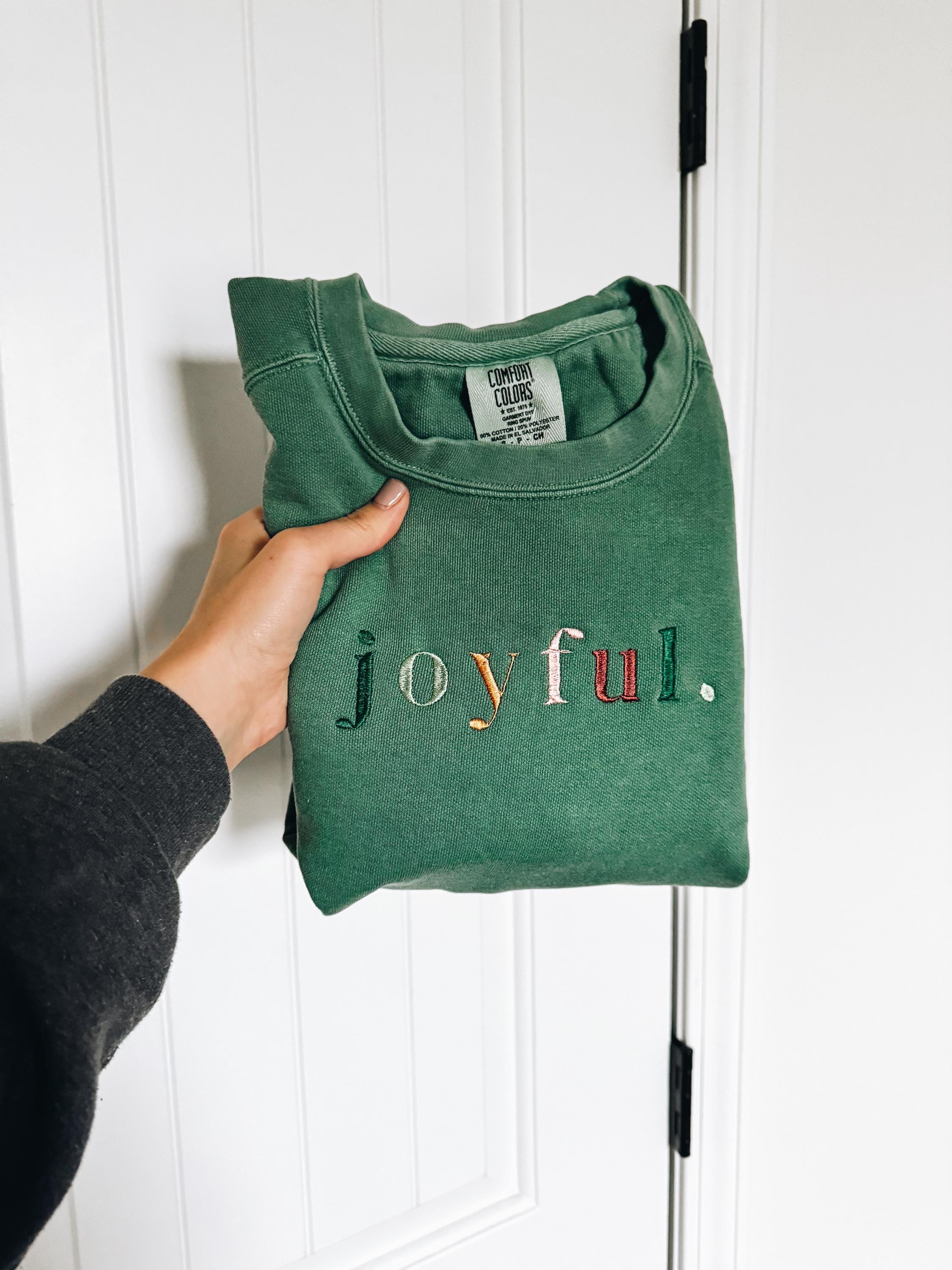 Joyful Embroidered Crewneck Sweatshirt (Green Comfort Colors)