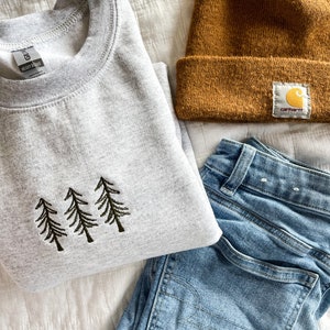 Pine Tree Trio Embroidered Crewneck Sweatshirt, Winter Sweater, Christmas embroidery sweater, Camping Apparel, Cozy Loungewear