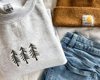 Pine Tree Trio Embroidered Crewneck Sweatshirt, Winter Sweater, Christmas embroidery sweater, Camping Apparel, Cozy Loungewear