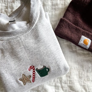 Christmas Treat Embroidered Crewneck Sweatshirt, Hot Cocoa, Candy Cane, Holiday Cookie