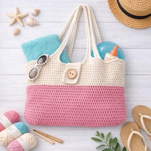 May include: A two-tone crochet tote bag in cream and pink, with a wooden button closure. The bag is filled with a blue towel, sunglasses, and sunscreen. Beach accessories like a straw hat, flip-flops, and seashells are arranged around the bag.