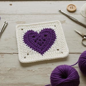 Op de afbeelding: Een vierkant wit gehaakt stuk met een paars hartontwerp. Haaknaalden, een schaar, een knoop en bollen paars en wit garen zijn rond het vierkant gerangschikt op een licht houten oppervlak. Handwerkbenodigdheden.