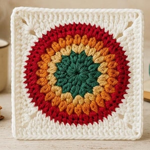 Puede incluir: Un elemento cuadrado tejido a ganchillo con un diseño circular central en verde, dorado, naranja y rojo. El círculo colorido se encuentra sobre un fondo cuadrado blanco. Probablemente sea una pieza decorativa o parte de un proyecto artesanal más grande.