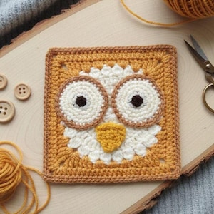 May include: A crocheted owl square in shades of yellow, brown, white, and black. The owl has large, round eyes and a triangular beak. The square is surrounded by a border. Yarn, scissors, and buttons are in the background.