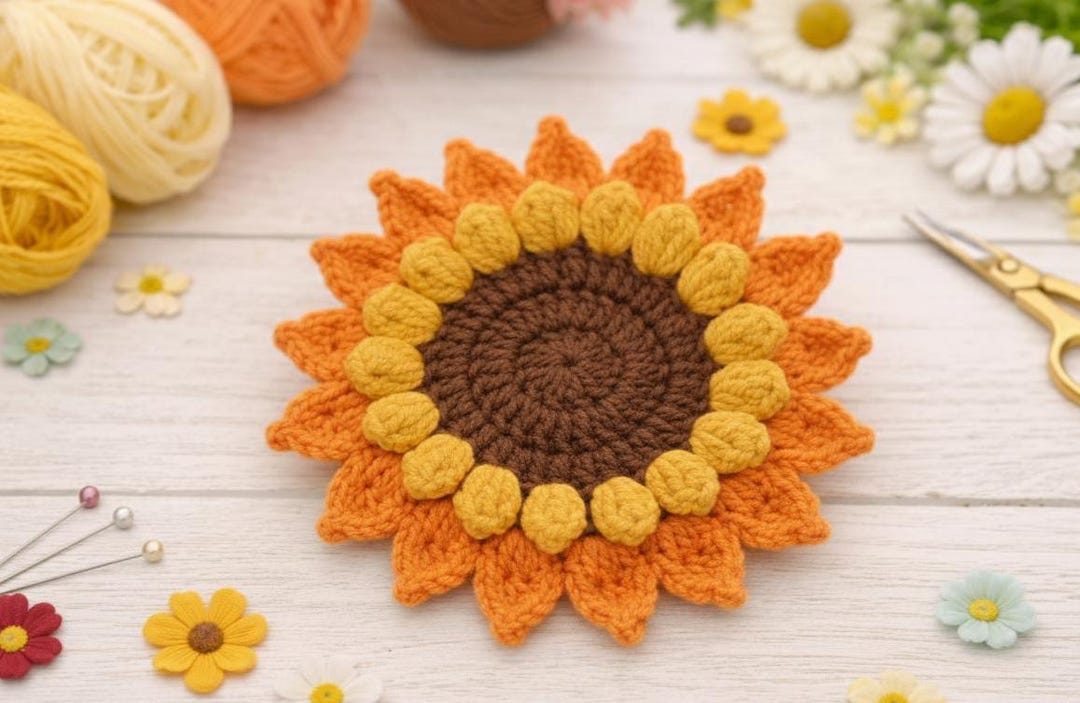 Crochet Pattern Sunflower Coaster| Easy PDF Tutorial | Crochet Mug Rug ...