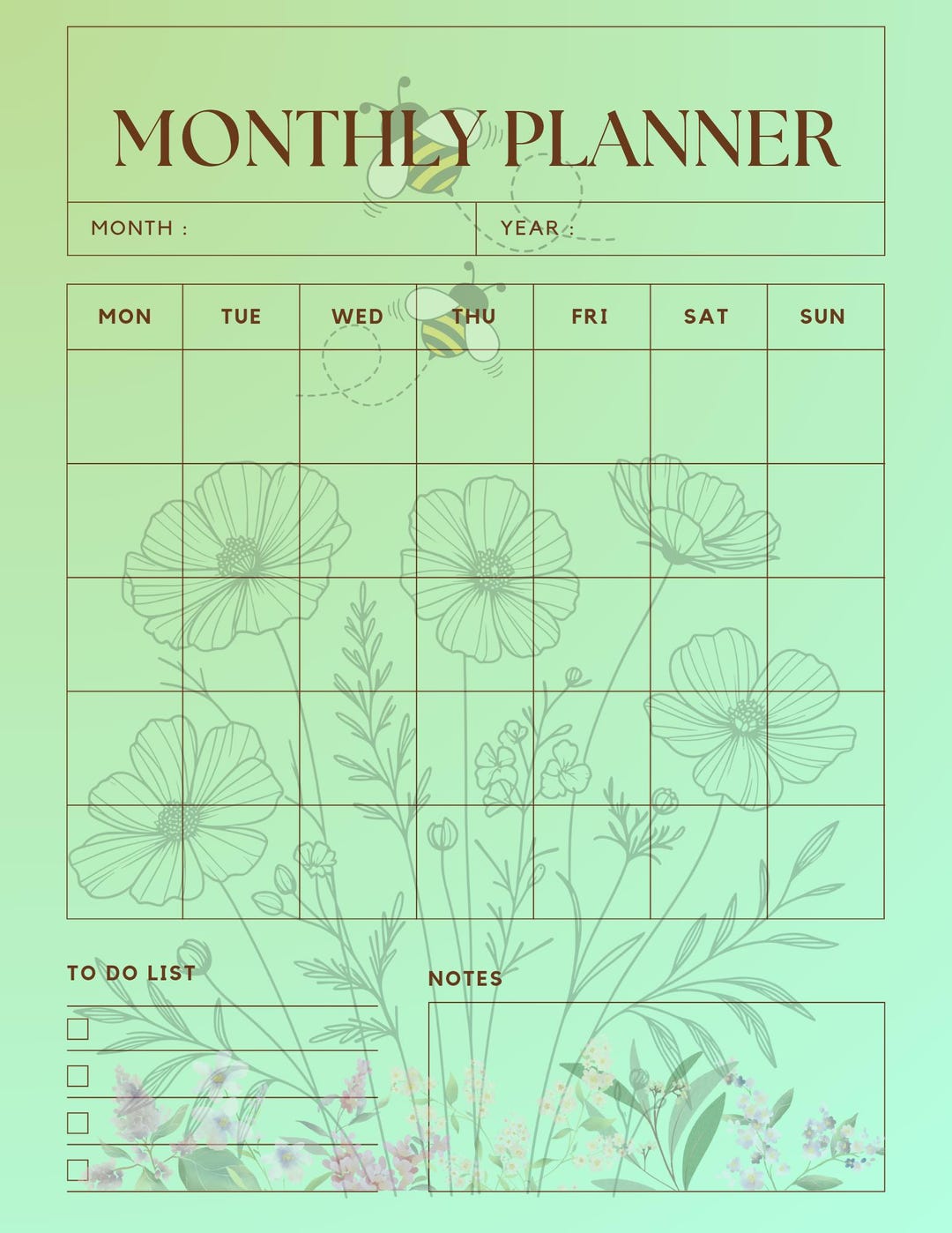 Wildflowers Printable Monthly Planner - Etsy