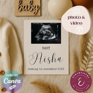 Neutral Baby Announcement, Custom Boho Minimal Baby Reveal, Personalized Pregnancy Announcement for Social Media, Editable Canva Template
