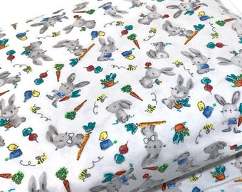Easter Bunny Flannel Fabric, Gray Rabbits, White Cotton, Nursery Decor