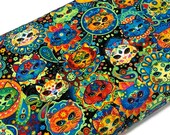 Exotic Colorful Cat Fabric by the YARD. Assorted Bright Colored Sugar Skull Fancy Cat Faces. 100 Cotton for Quilting, Apparel, Home Décor.