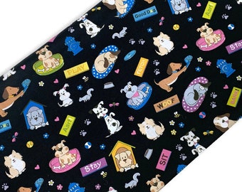 Good Dog Fabric Sold by the YARD. Bow Wow by Freckle + Lollie. Dog Words Assorted Colors on Black. 100% Cotton for Quilts, Clothing, Décor.