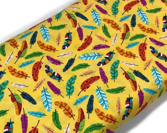 Rainbow Feather Fabric, Bright Yellow Cotton, Quilting Apparel by the Yard