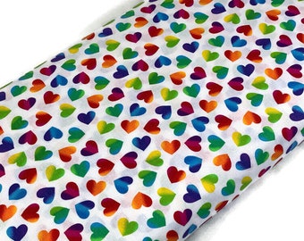 Rainbow Hearts Print Fabric by the YARD. Ombre Neon Rainbow Colors on White. Tossed Hearts 100% Cotton for Quilting, Clothing, Home Décor.