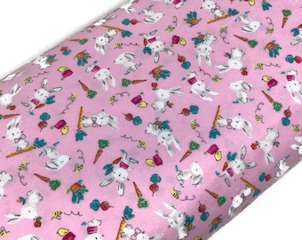 Easter Bunny Flannel Fabric, Pink Rabbit Print, Nursery Quilting Fabric