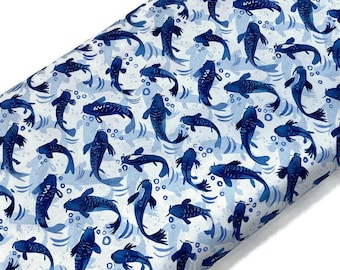 Blue and White Chinese Koi Fish Fabric Sold by the YARD. 100% Cotton for Quilting, Clothing, Home Décor. Marketa Stengl by Fabric Merchants.