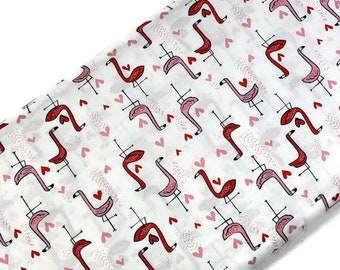 Valentine Red & Pink Flamingo Fabric Sold by the YARD. Dear Stella Designs Birds, Hearts on White 100% Cotton for Quilting, Clothing, Décor.