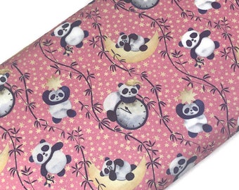 Pink Panda Bear Fabric by the YARD. Stars, Crescent Moons & Clocks by Marketa Stengl. 100% Cotton for nursery, quilting, apparel, home decor