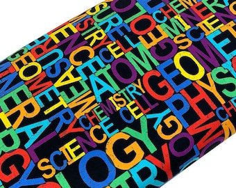 Science Word Print Fabric, Rainbow Letters, Black Cotton Fabric by the Yard