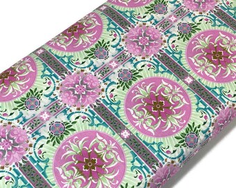 Pink & Turquoise Aviary Floral Fabric, Asian Style Cotton, Quilting Sewing Fabric