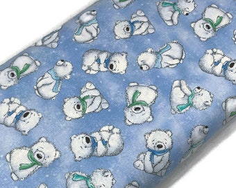 White and Baby Blue Polar Bear Fabric Sold by the YARD. Timeless Treasures 100% Cotton. Cute Teddy Bears for Quilting, Clothing, Kids Décor.