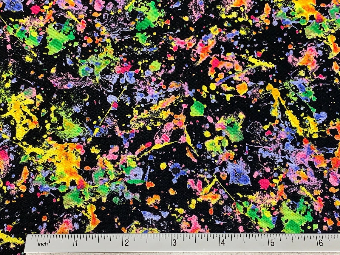 Paint Splatter Print Fabric by the YARD. Black and Neon Etsy