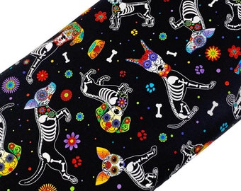 Day of the Dead Sugar Skull Dog Breed Fabric by the Yard.  Black Skelton Puppy Dogs in Assorted Colors. 100% Cotton for sewing & quilting.