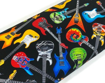 Tossed Electric Guitar Print Fabric by the YARD.  Assorted Bright & Neon Colors on Black. 100% Cotton for quilting, clothing, home décor.