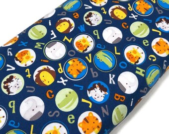 Jungle Animals and Alphabet Fabric Sold by the YARD. 100% Cotton Flannel.  Navy Blue Tiger, Elephant, Zebra, Giraffe, Monkey, Alligator.