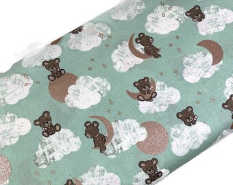 Teddy Bear Fabric, Metallic Moon Stars Clouds, Riley Blake Sleep Tight 100% Cotton
