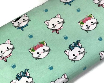 Green Flannel Cat Fabric Sold by the YARD. 100% Cotton Flannel. Mint Green with White Kitten Faces for for Quilting, Clothing, Nursery Décor