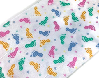 Easter Pastel Rainbow Footprint Fabric Sold by the YARD. 100% Cotton Flannel. Happy Feet in Green, Pink, Yellow, Blue. For Quilting, Décor.