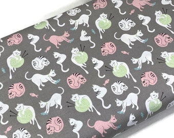 Sleepy Cat Fabric, Kittens with Yarn, Quilting Cotton by the Yard